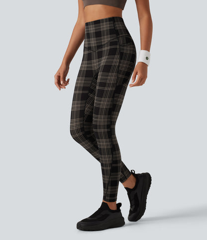UltraSculpt™ Plaid Print High Waisted Tummy Control Running Leggings with Pockets