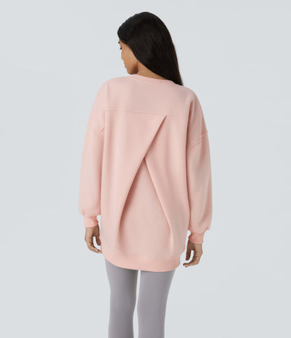 Round Neck Long Sleeve Pocket Oversize Fleece Casual Sweatshirt