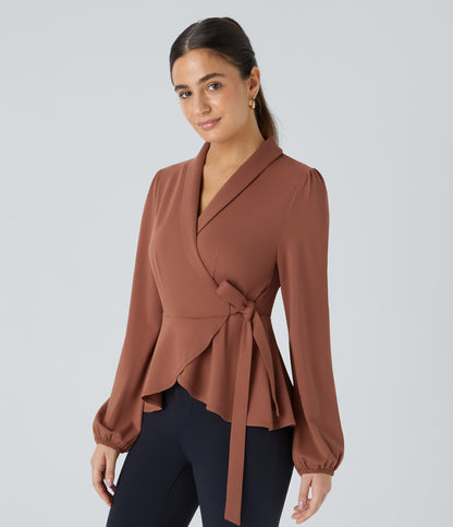 Shawl Collar Wrapped Tie Side Ruffle Hem Work Blouse