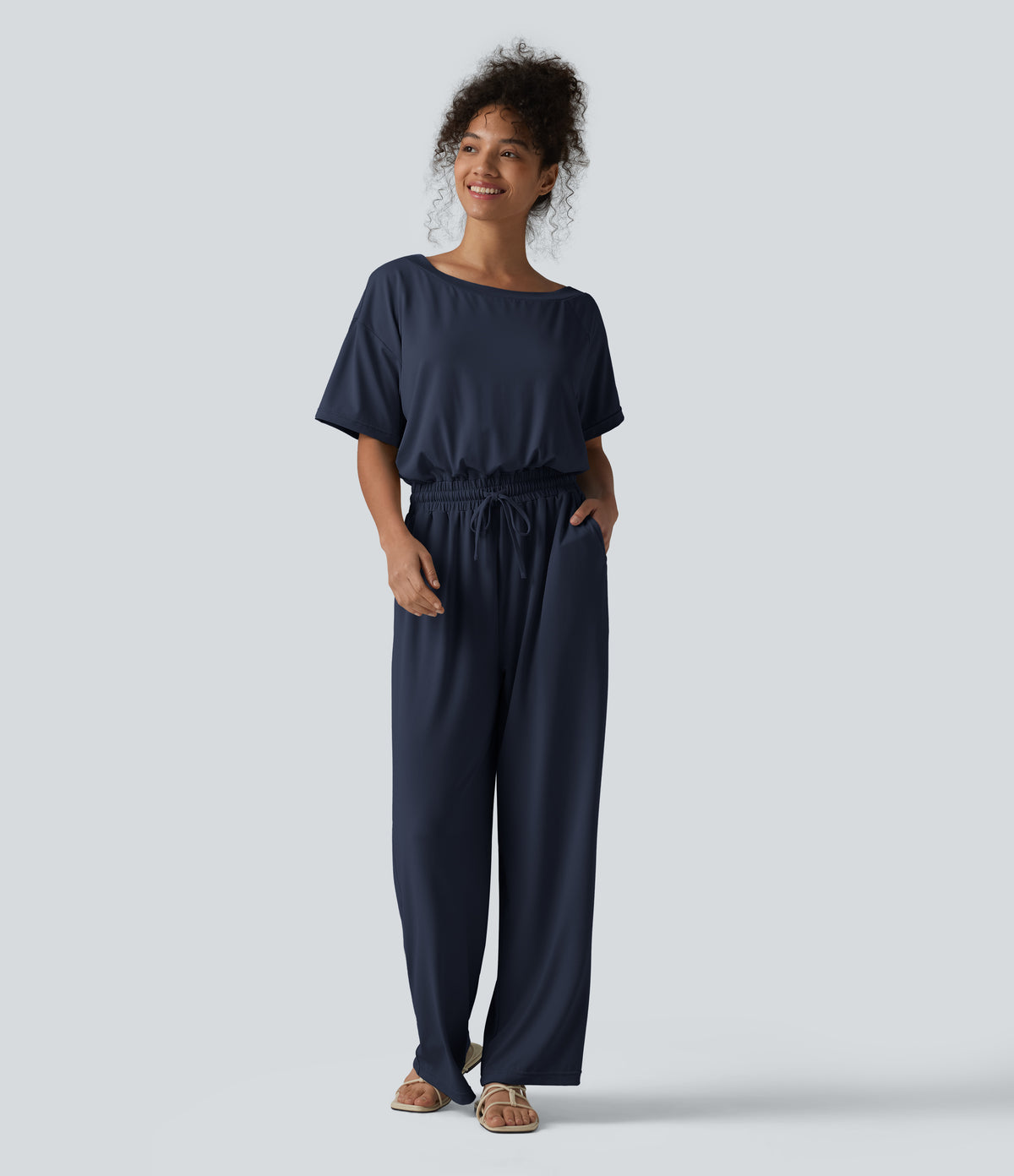 Boat Neck Short Sleeve Drawstring Baggy Casual Jumpsuit with Pockets-Easy Peezy Edition