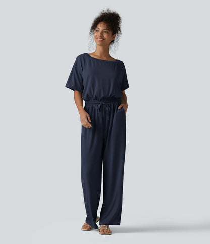 Boat Neck Short Sleeve Drawstring Baggy Casual Jumpsuit with Pockets-Easy Peezy Edition