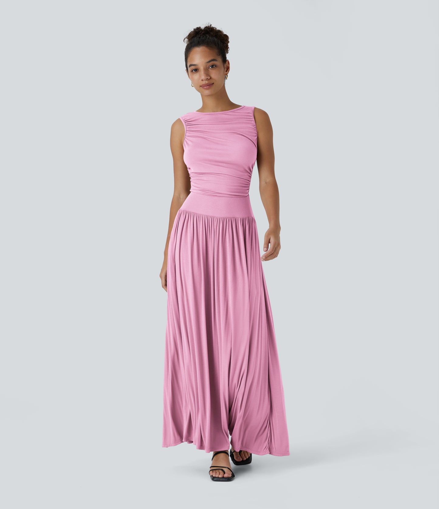 Ribbed Boat Neck Asymmetric Strap Ruched Pocket Flowy Maxi Casual Dress
