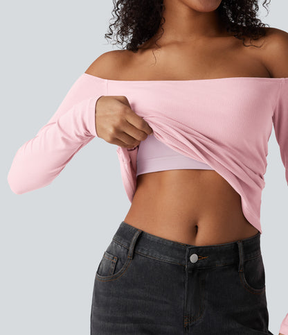 Ribbed Knit Off Shoulder Long Sleeve 2-in-1 Casual Top