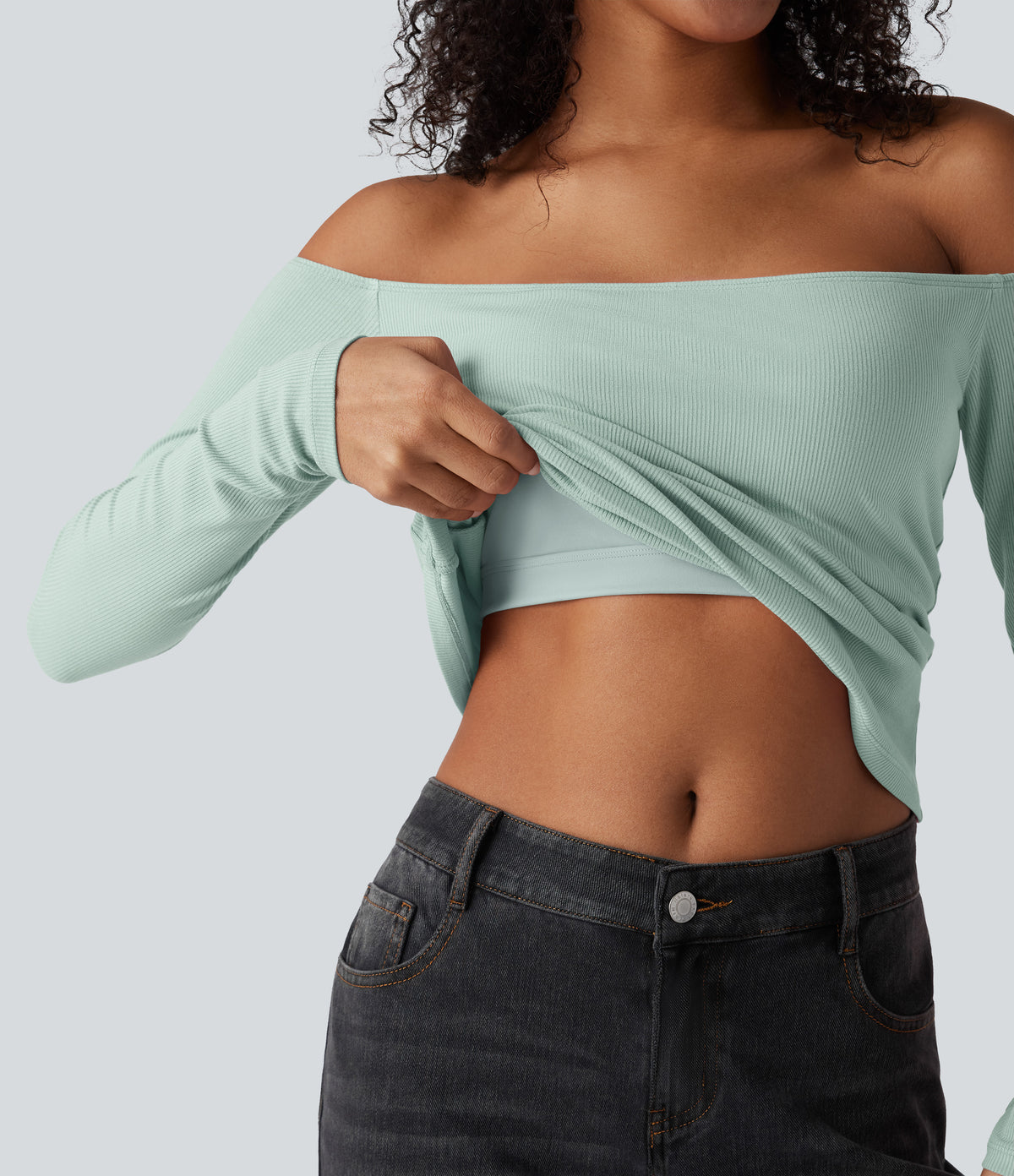 Ribbed Knit Off Shoulder Long Sleeve 2-in-1 Casual Top