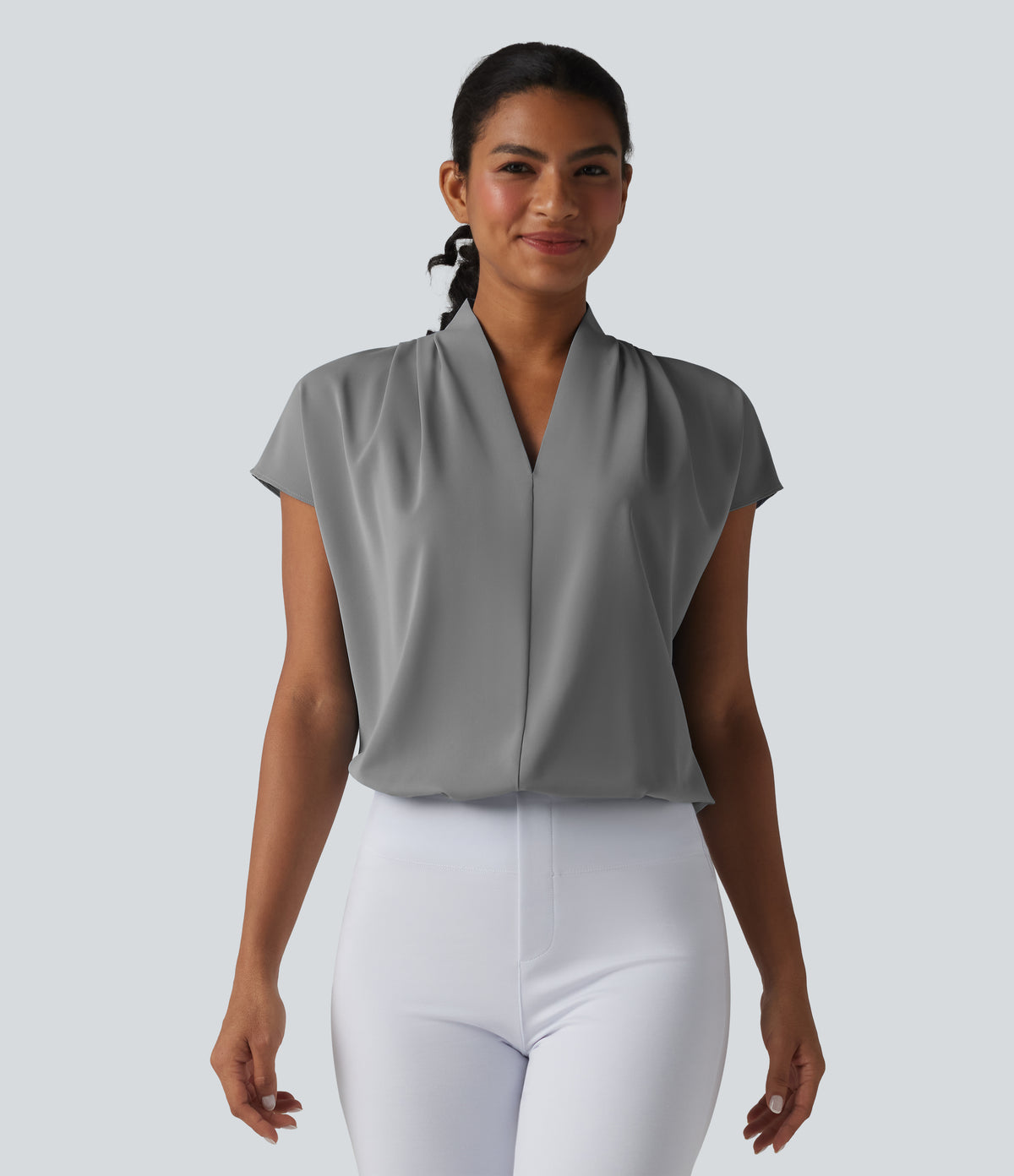 Wrinkle Recovery V-neck Batwing Sleeve Loose Fit Work Blouse