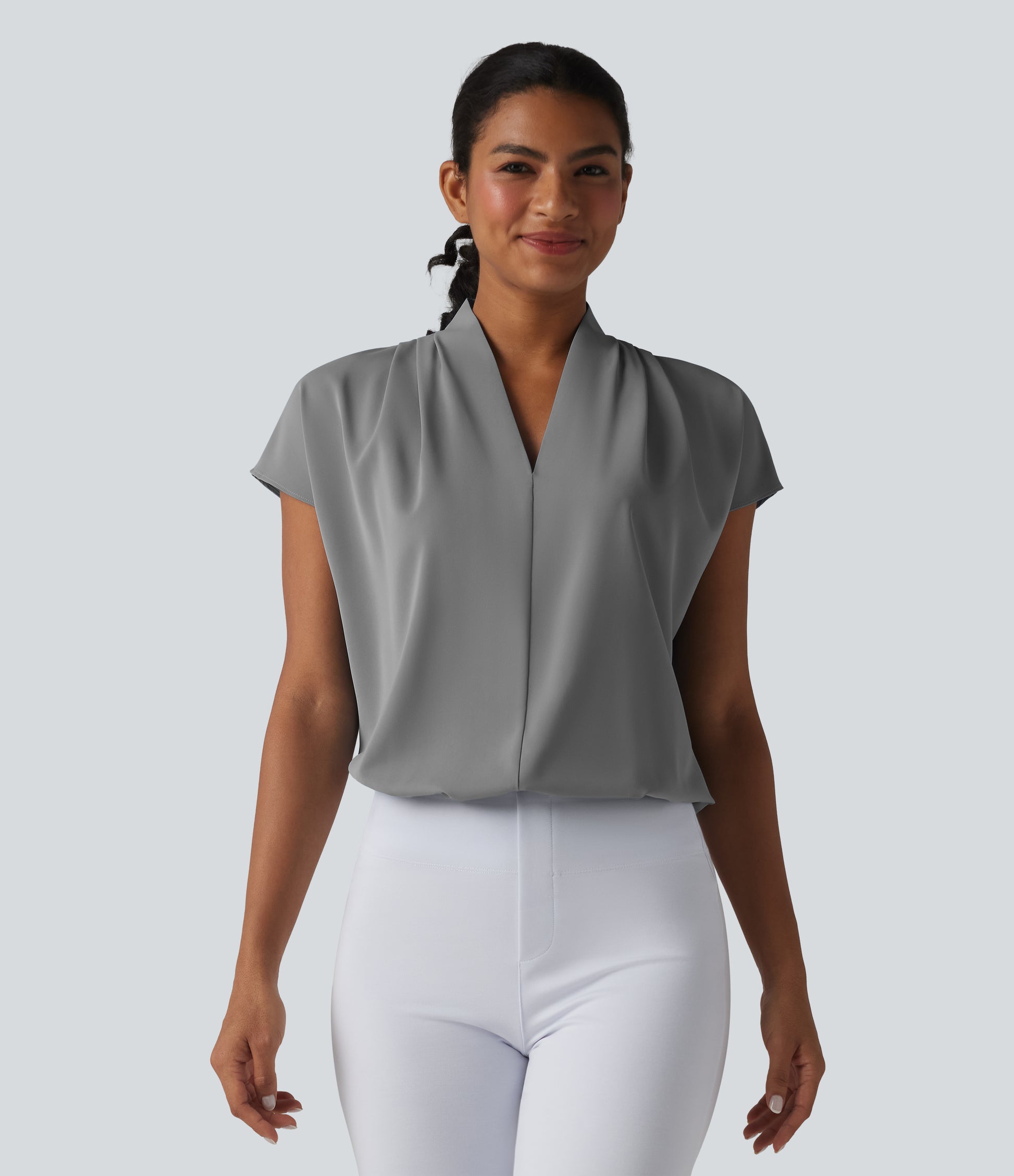 Wrinkle Recovery V-neck Batwing Sleeve Loose Fit Work Blouse