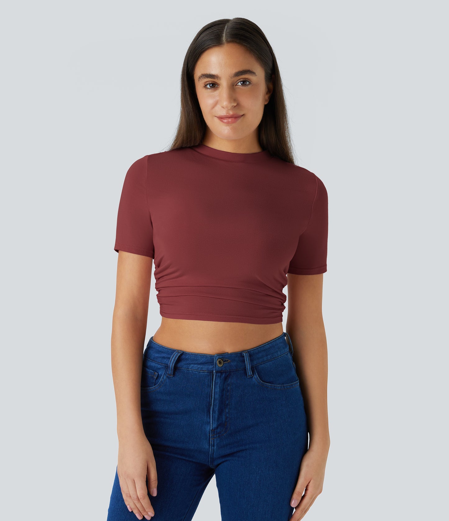 Round Neck Short Sleeve Ruched Skinny Cropped Casual T-Shirt