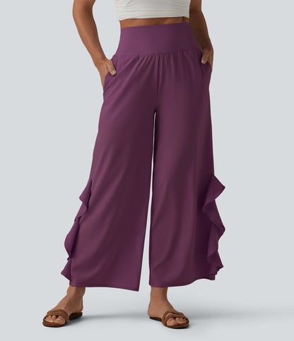 Breezeful™ High Waisted Ruffle Wide Leg Quick Dry Pants with Pockets