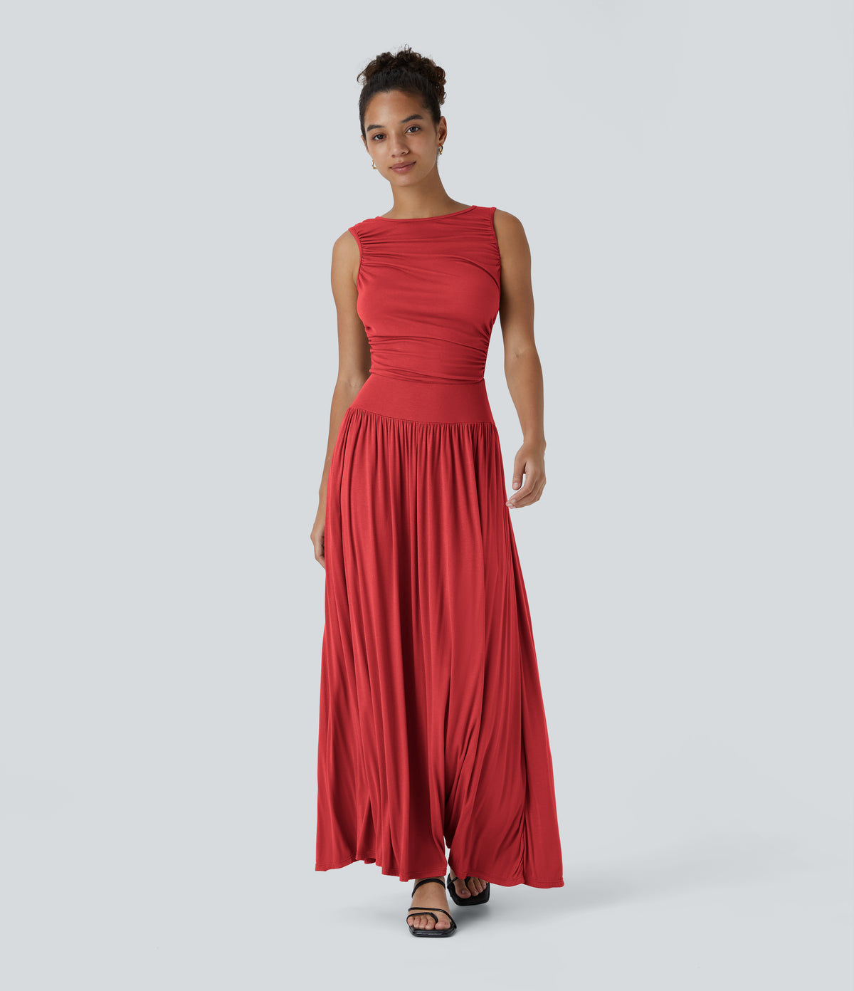 Ribbed Boat Neck Asymmetric Strap Ruched Pocket Flowy Maxi Casual Dress