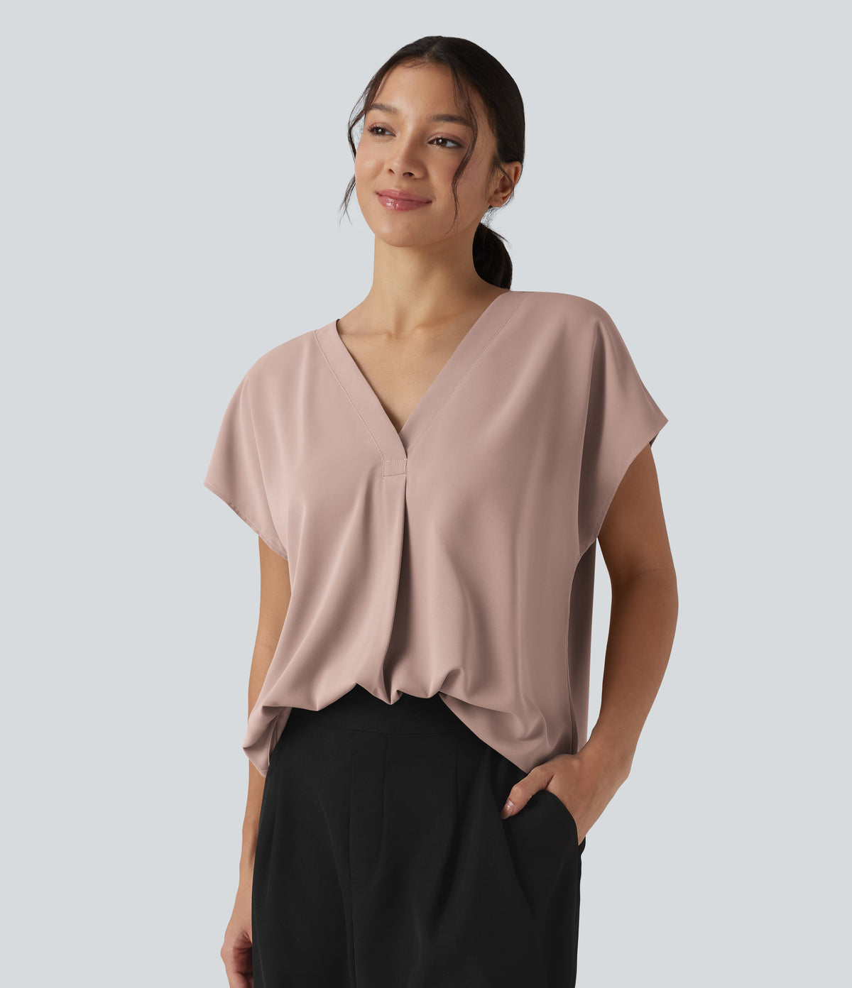 Wrinkle Recovery V-neck Short Sleeve Oversized Work Blouse