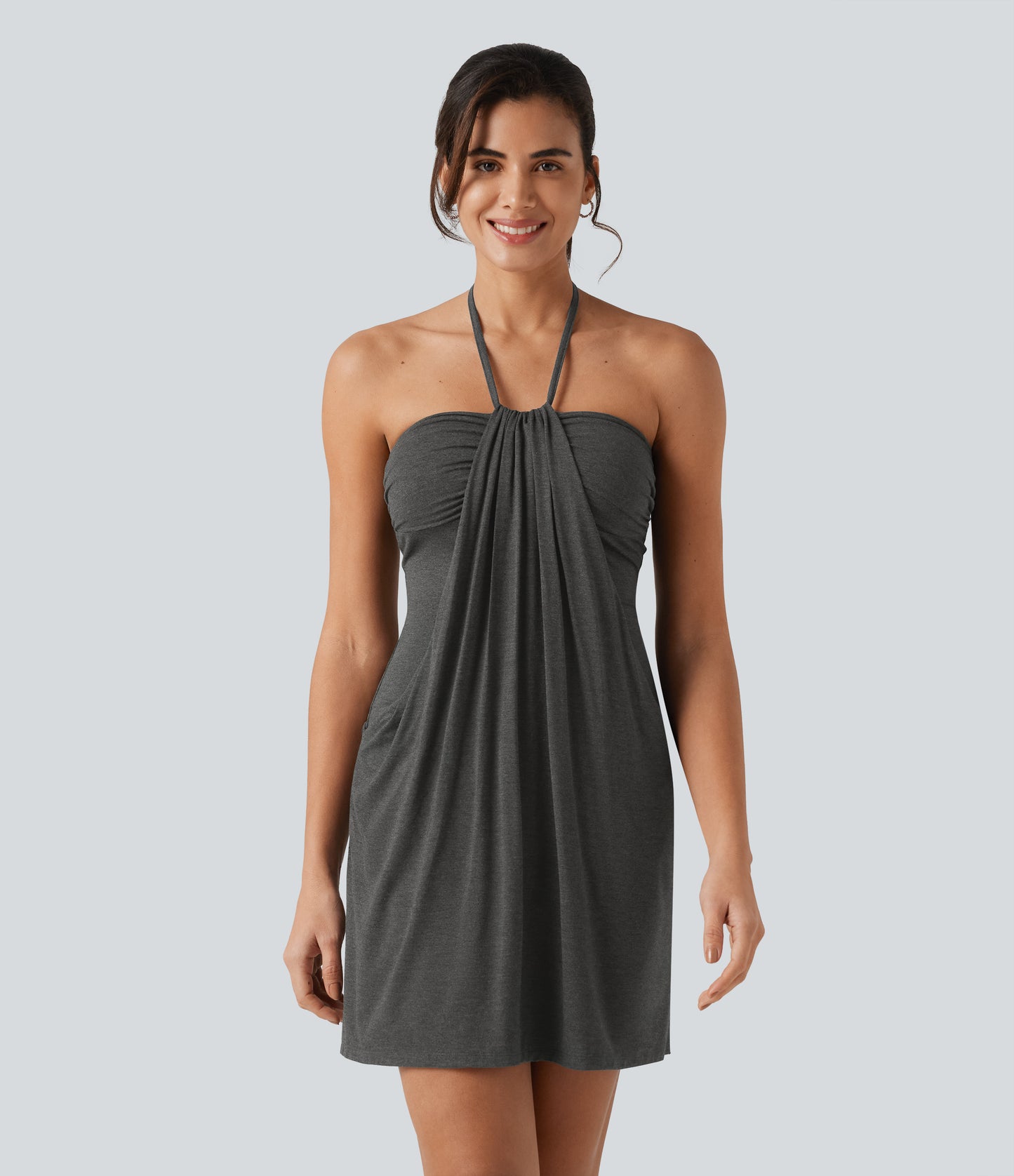 Halter Tie Back Mini Resort Dress with Pockets