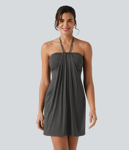 Halter Tie Back Mini Resort Dress with Pockets