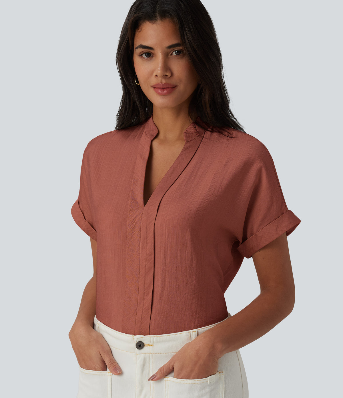 V Neck Short Sleeve Linen-Feel Work Shirt