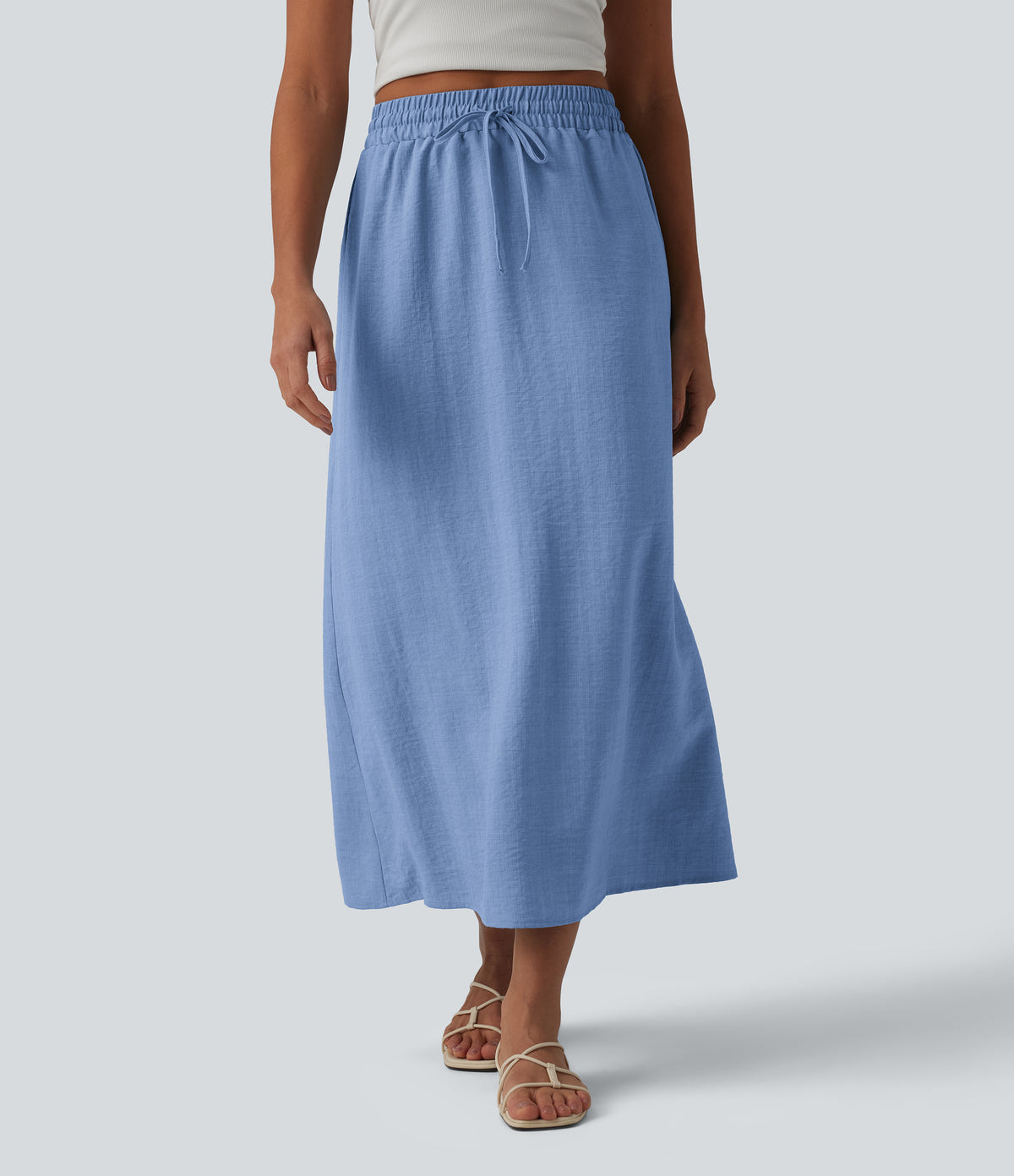 High Waisted Drawstring Maxi Linen-Feel Casual Skirt