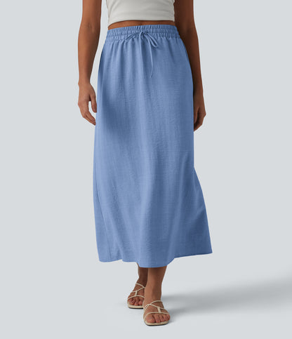 High Waisted Drawstring Maxi Linen-Feel Casual Skirt