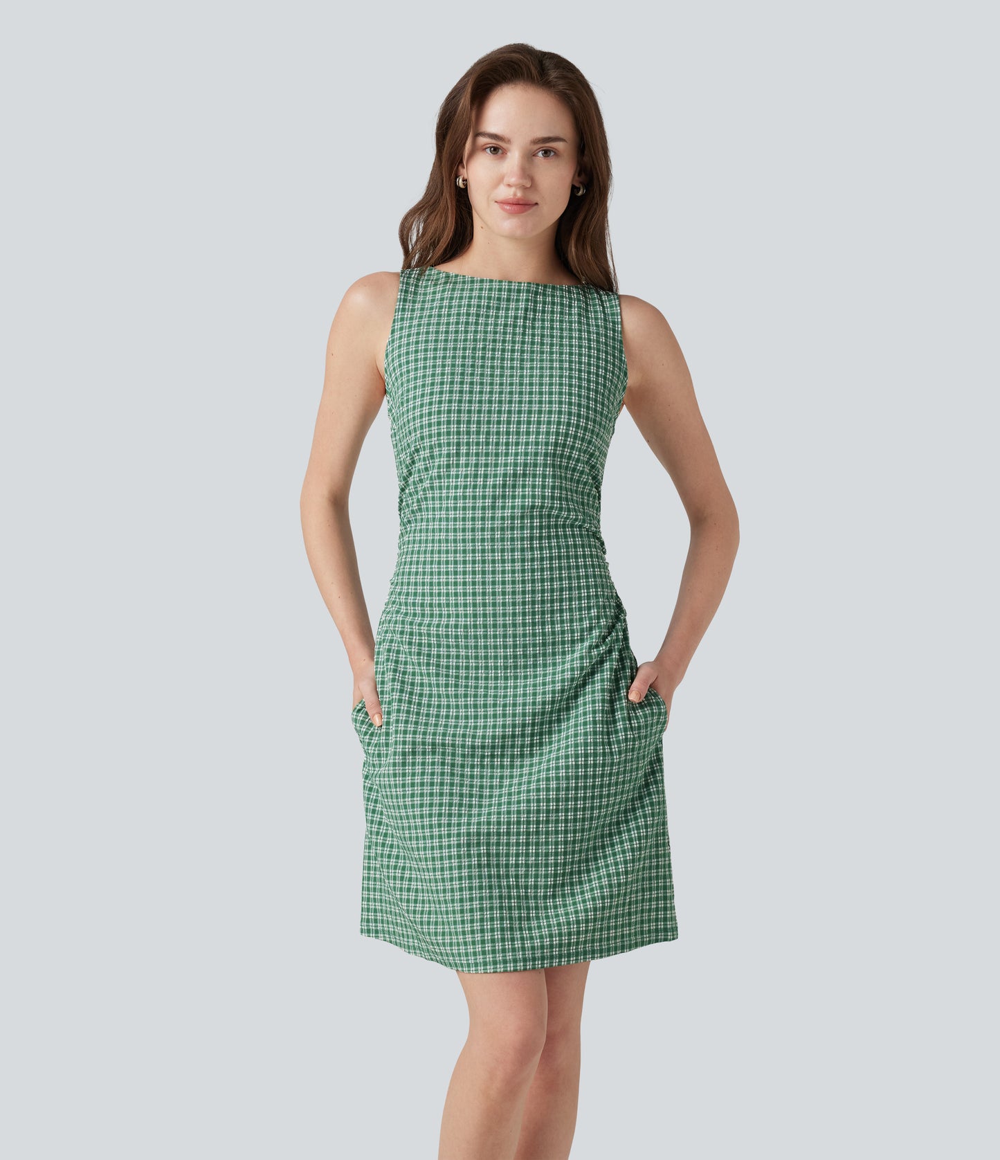 Boat Neck Sleeveless Gingham Mini Casual Dress with Pockets