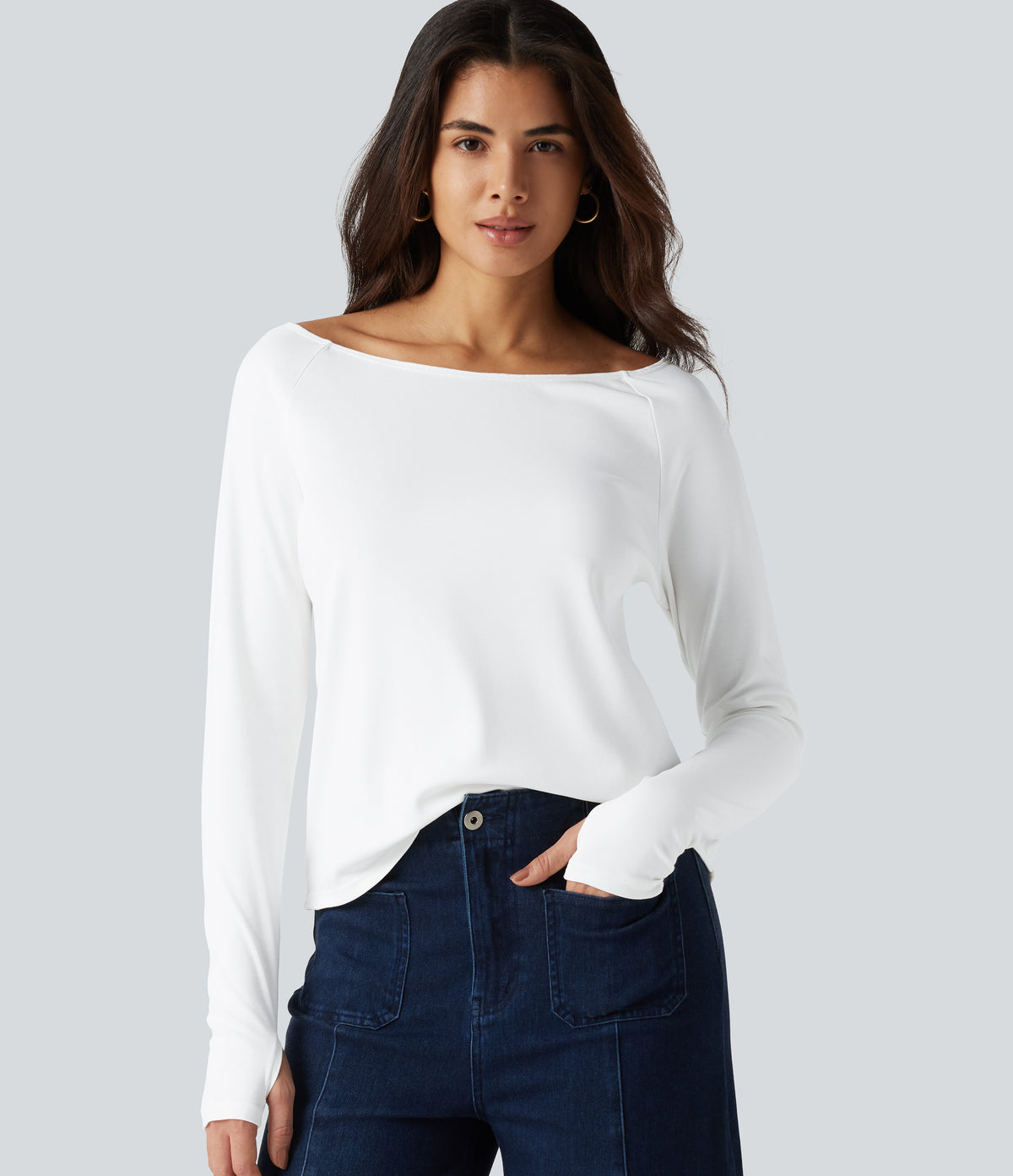 Boat Neck Long Sleeve Thumb Hole Casual Pima Cotton T-Shirt