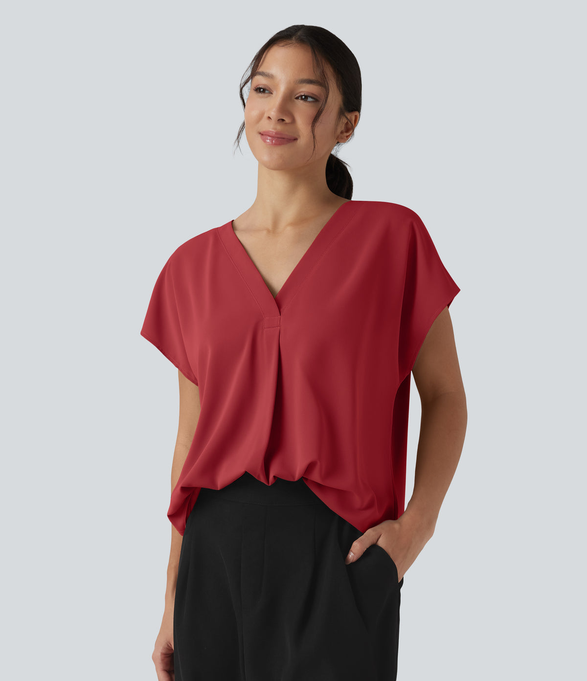 Wrinkle Recovery V-neck Short Sleeve Oversized Work Blouse