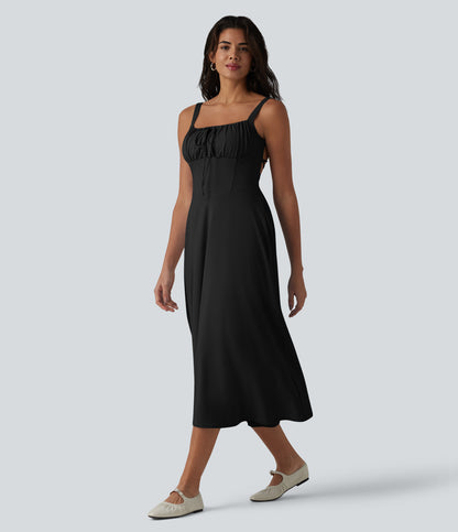 Crisscross Backless Square Neck Sleeveless Ruched Built-in Bra Midi Resort Flowy Milkmaid Dress