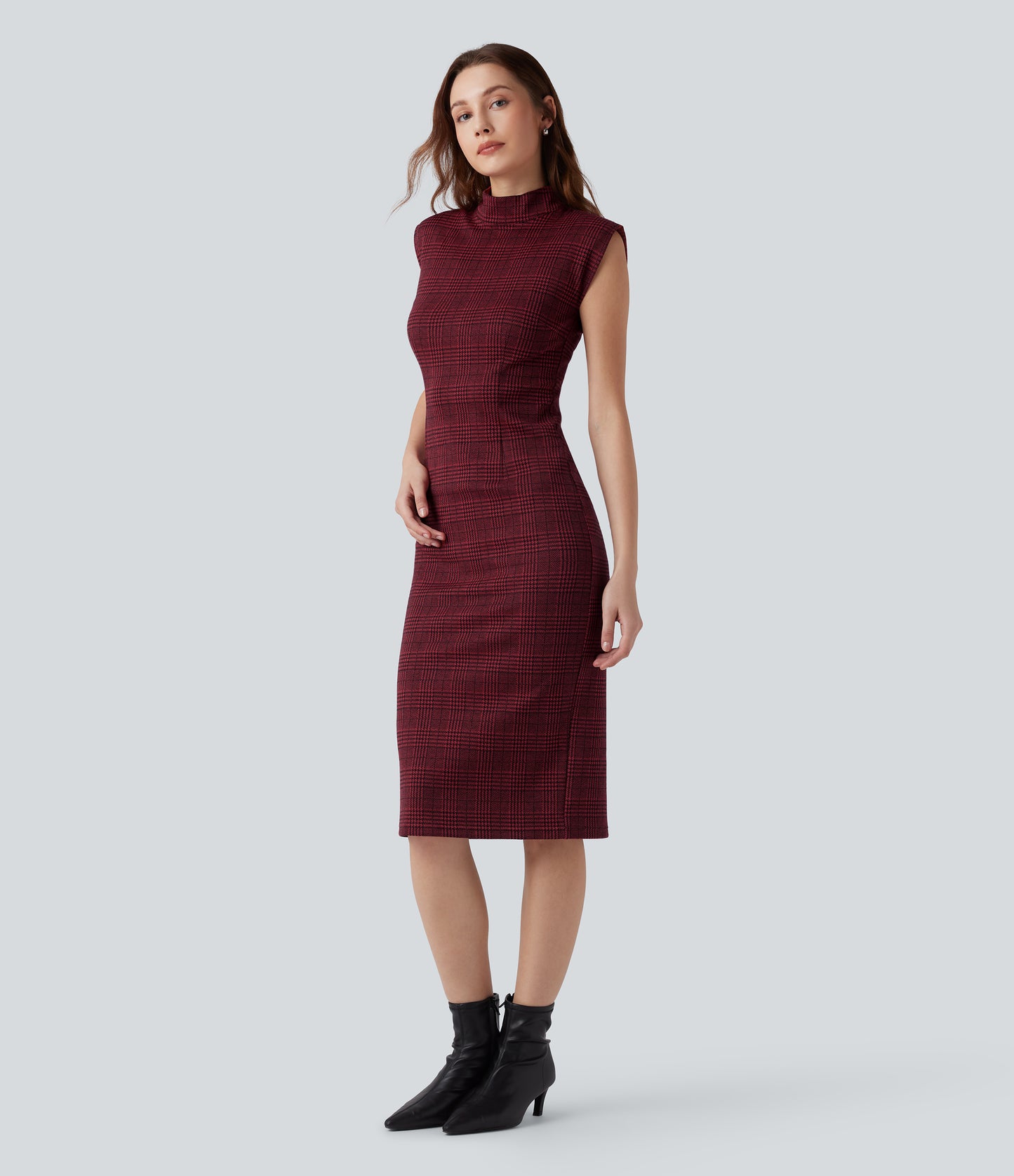 High Neck Sleeveless Bodycon Houndstooth Plaid Midi Work Dress