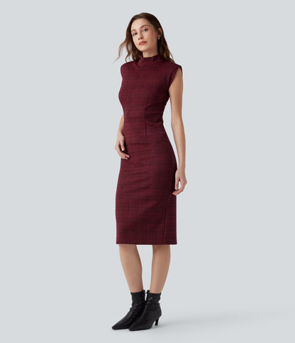 High Neck Sleeveless Bodycon Houndstooth Plaid Midi Work Dress