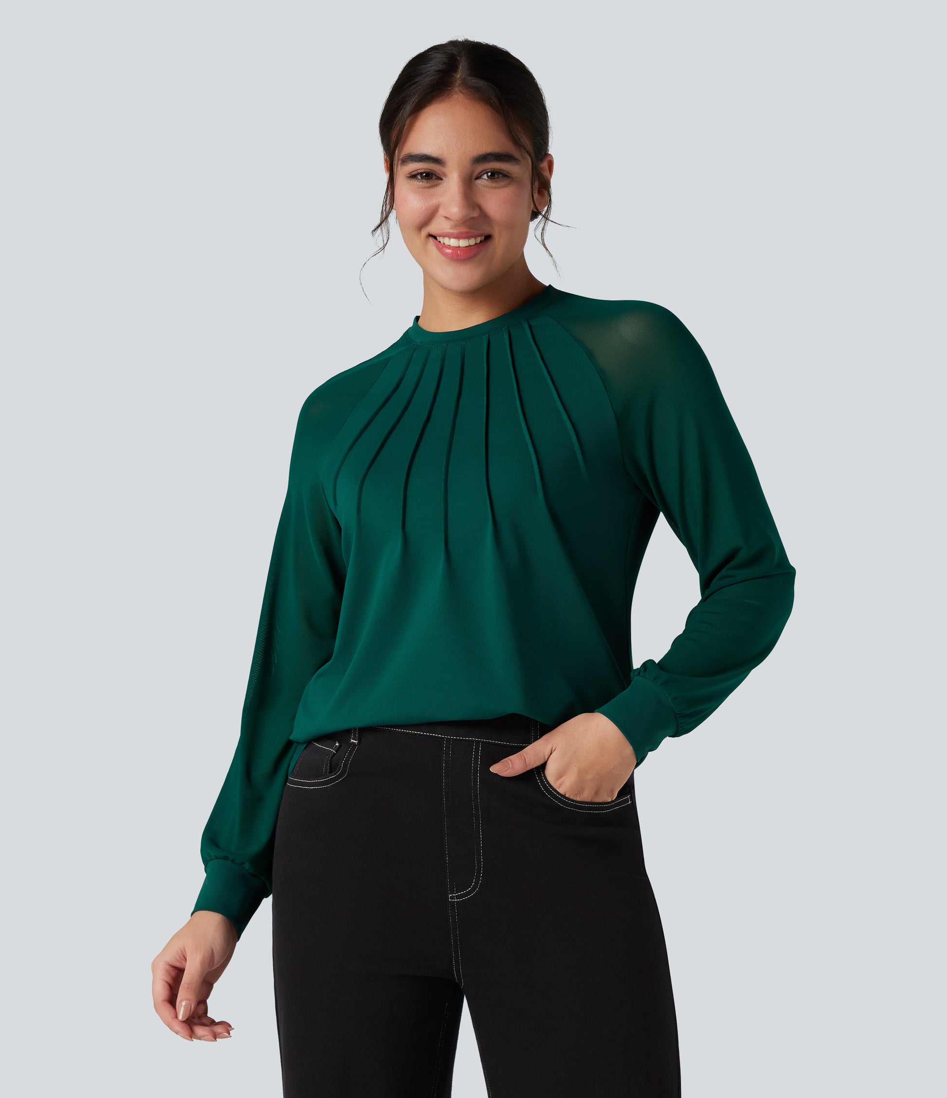 Round Neck Raglan Long Sleeve Contrast Mesh Casual Blouse