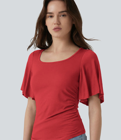 Ribbed Square Neck Butterfly Sleeve Ruched Casual T-Shirt