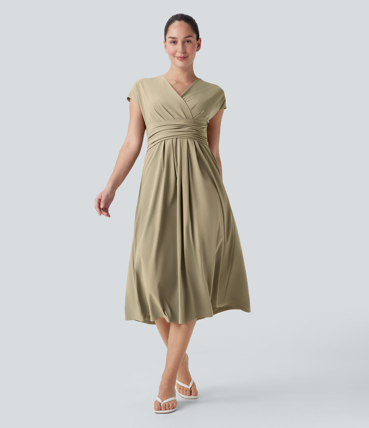 Breezeful™ V Neck Short Sleeve Pocket Tie Back Quick Dry Midi Casual Dress
