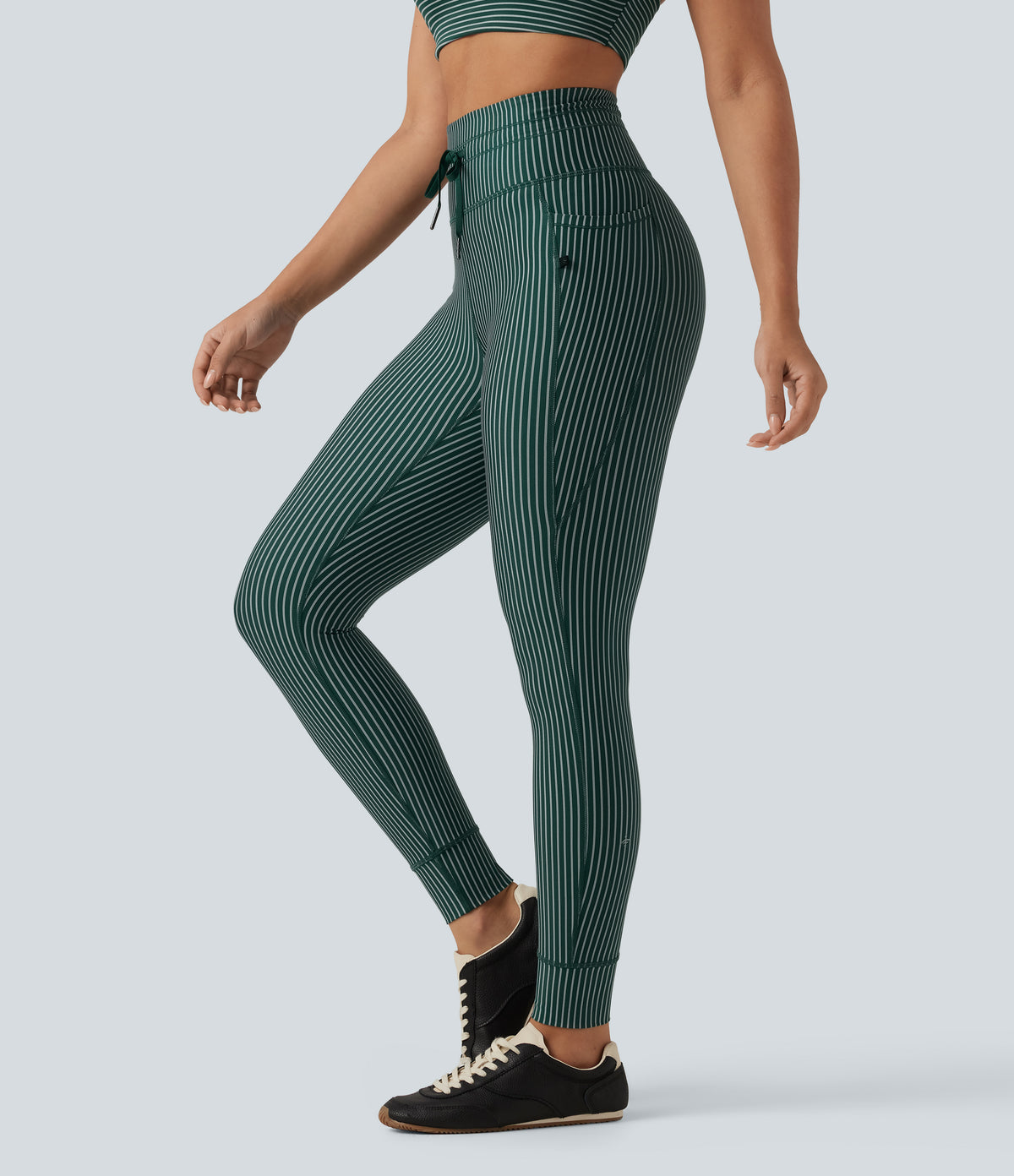 High Waisted Drawstring Stripe Yoga Leggings with Pockets