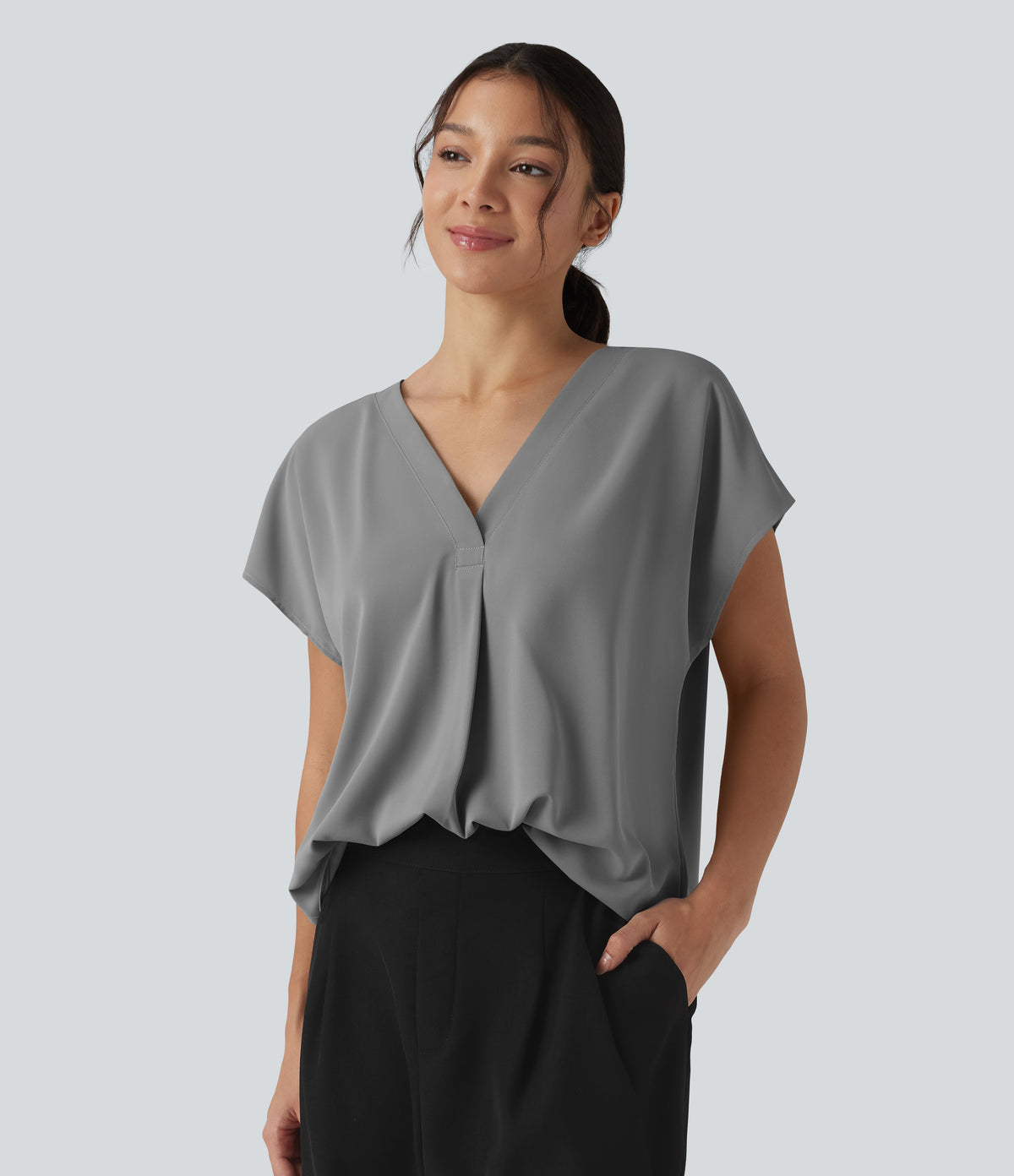 Wrinkle Recovery V-neck Short Sleeve Oversized Work Blouse