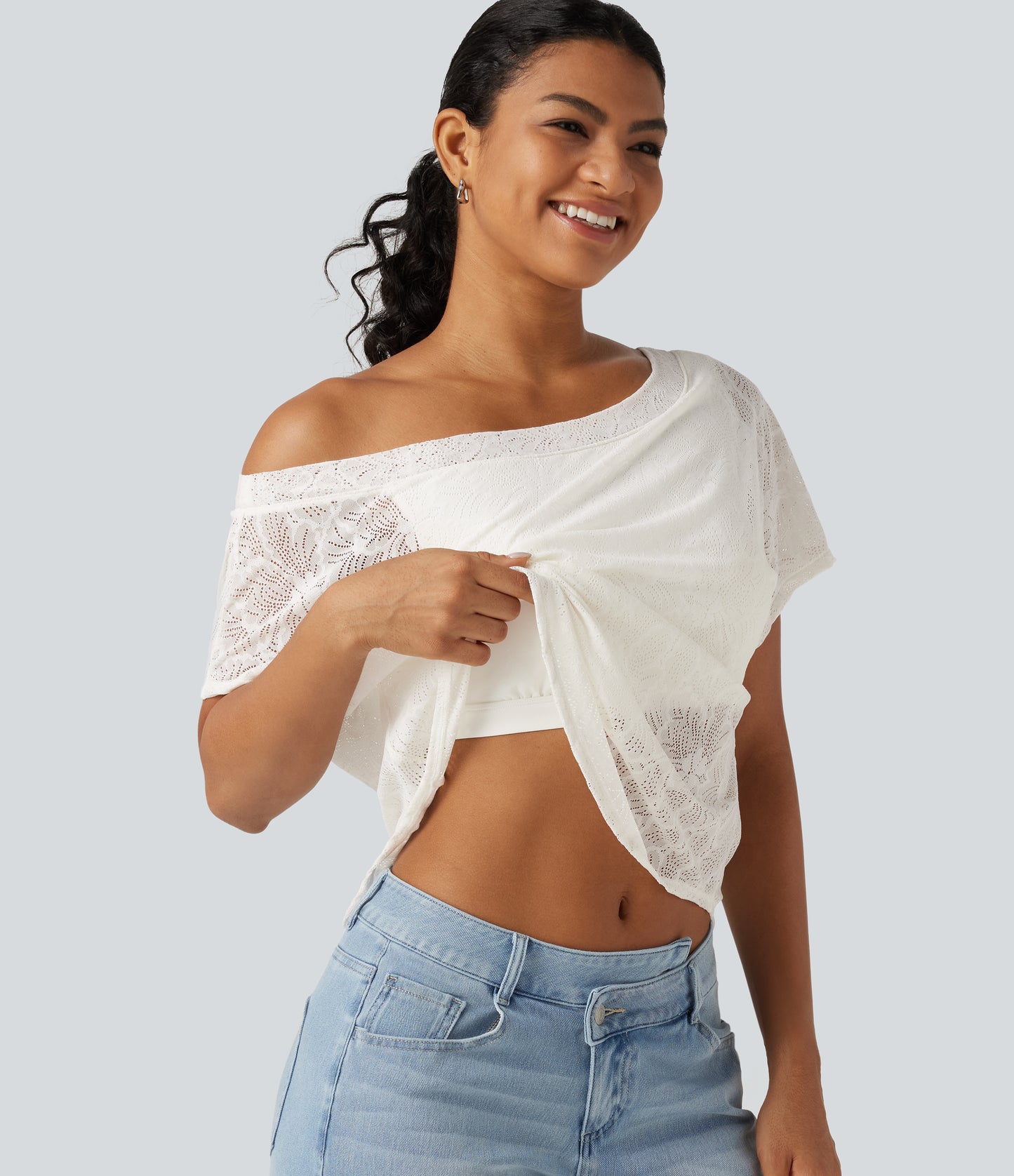 One Shoulder Short Sleeve Built-in Bra Curved Hem High Low Lace Casual Top