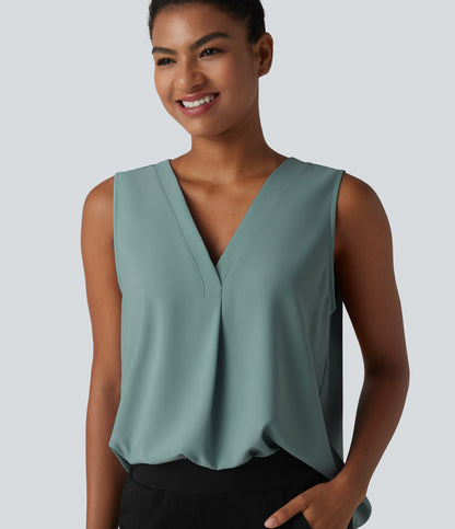 Wrinkle Recovery V Neck Sleeveless Oversized Work Blouse