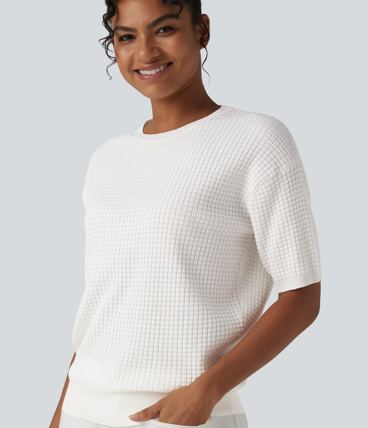 Round Neck Short Sleeve Waffle Casual Sweater