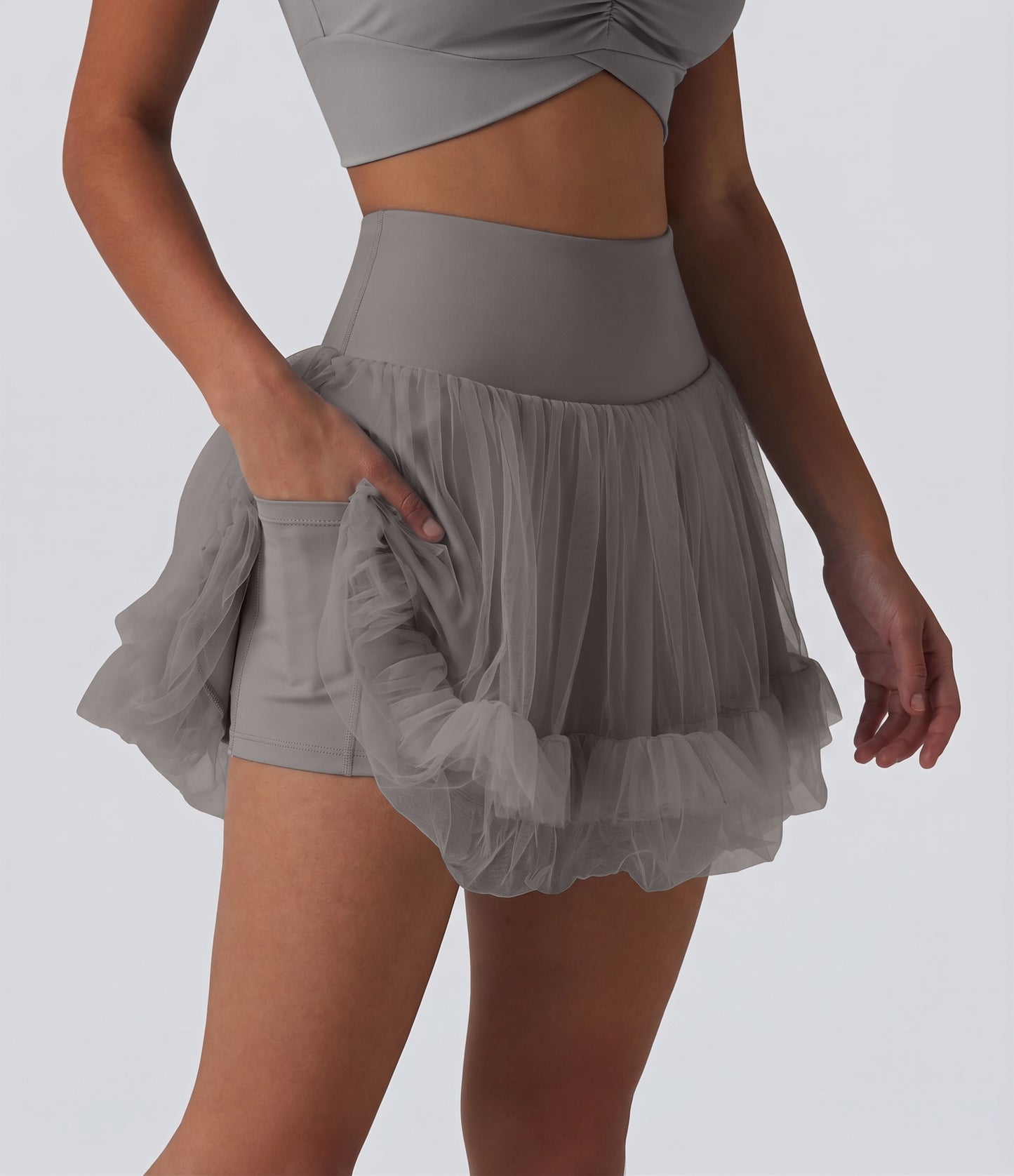 High Waisted Tummy Control Contrast Mesh 2-in-1 Mini Workout Skirt with Pockets