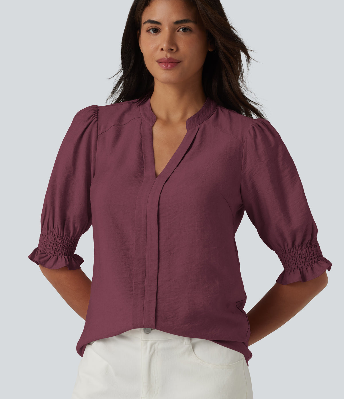 V Neck Puff Short Sleeve Casual Blouse