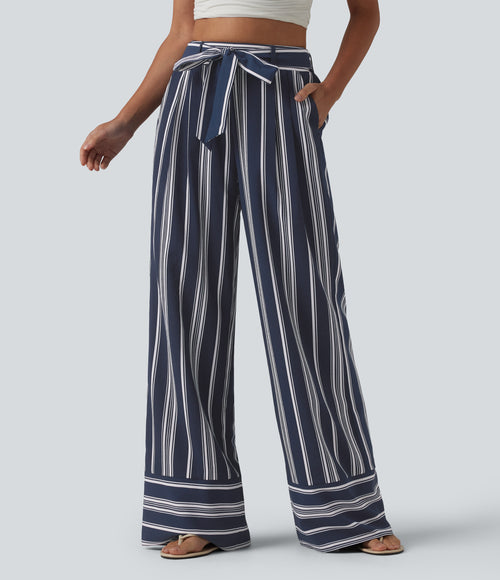 High Waisted Belted Stripes Resort Baggy Pants with Pockets