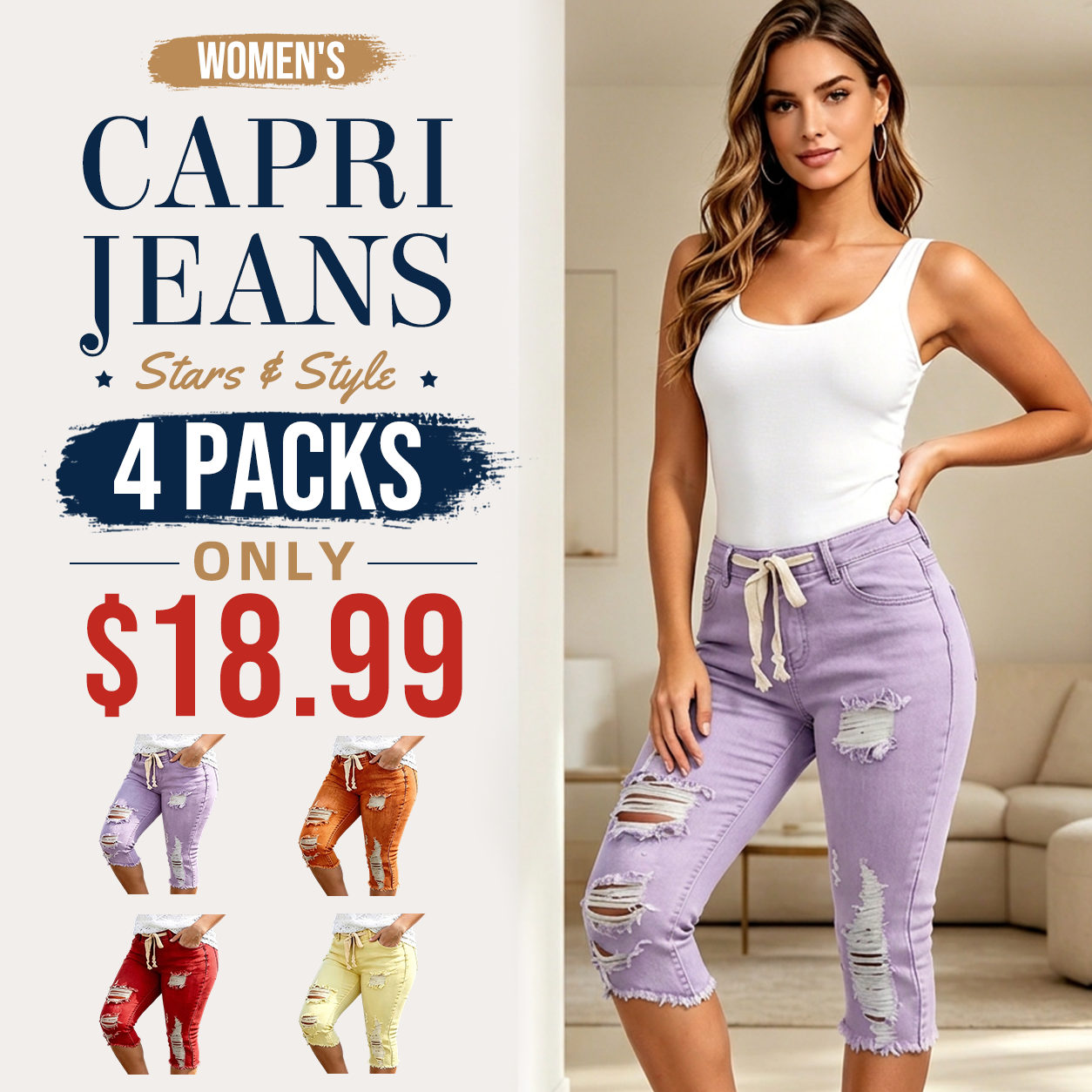 Women's Plus Size Distressed Ripped High-Waisted Capri Jeans