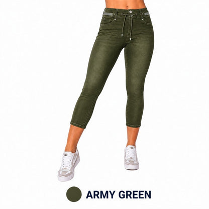 Wash Contrast Binding Double Button Drawstring Mid Waist High Stretch Fit Capri Jeans  Pant