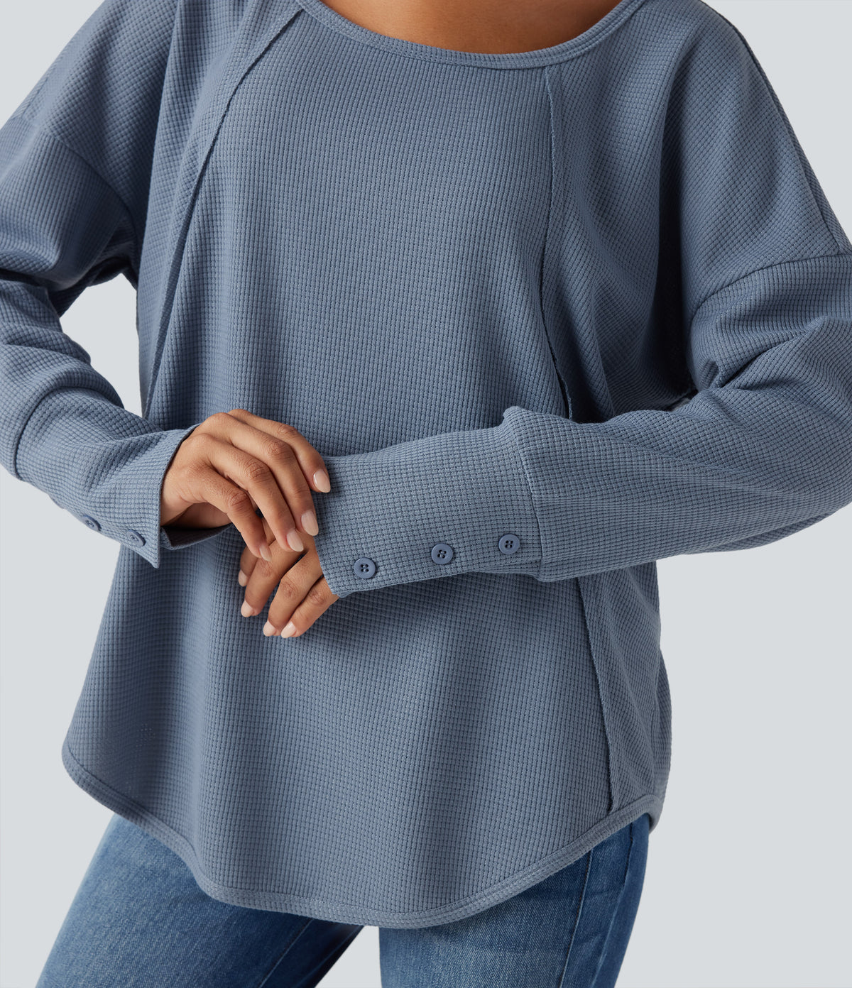 Scoop Neck Long Sleeve Curved Hem Relaxed Waffle Casual Top