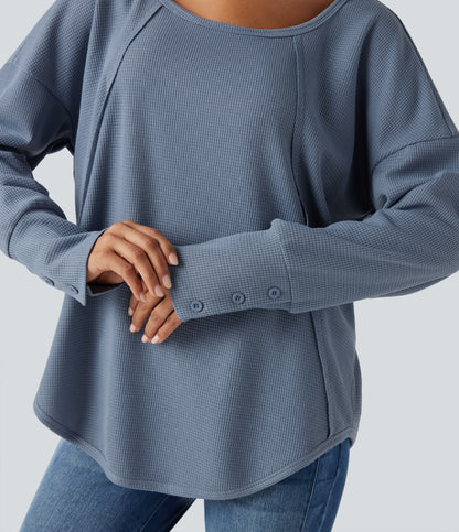 Scoop Neck Long Sleeve Curved Hem Relaxed Waffle Casual Top