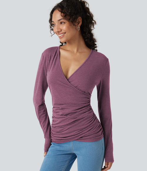 V Neck Long Sleeve Ruched Casual Top