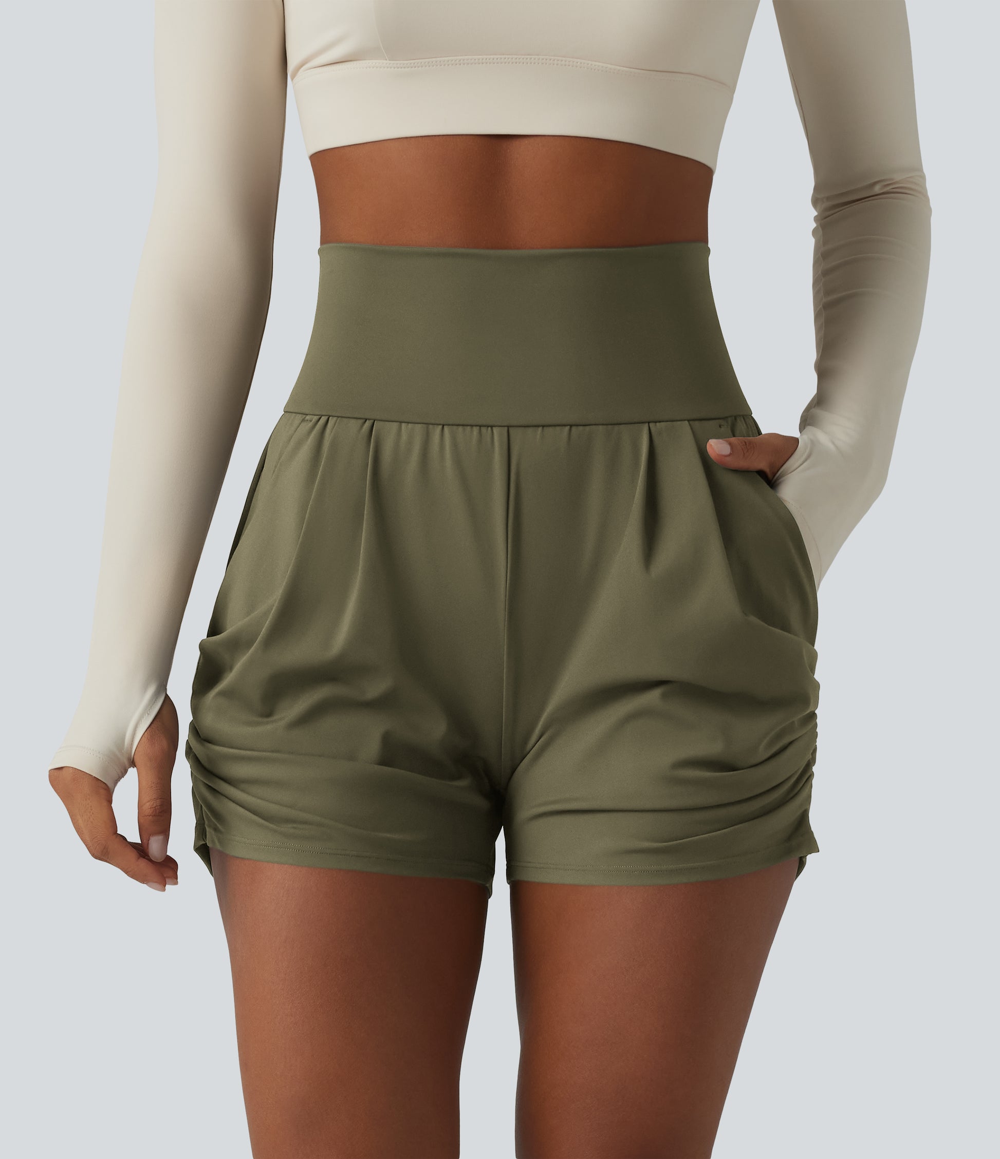 SoftlyZero™ Airy High Waisted Ruched InstantCool Yoga Shorts 3'' with Pockets