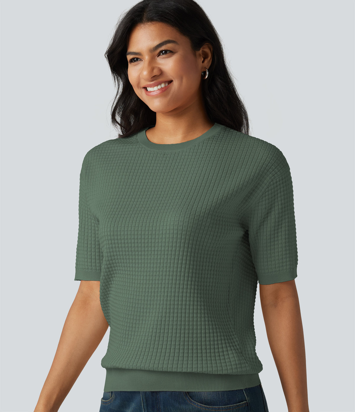 Round Neck Short Sleeve Waffle Casual Sweater