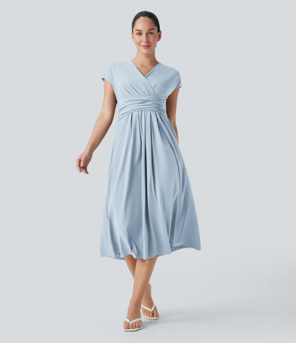 Breezeful™ V Neck Short Sleeve Pocket Tie Back Quick Dry Midi Casual Dress