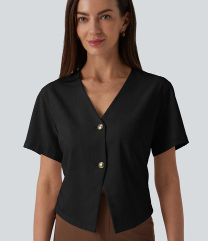 V Neck Short Sleeve Work Linen-Feel Blouse