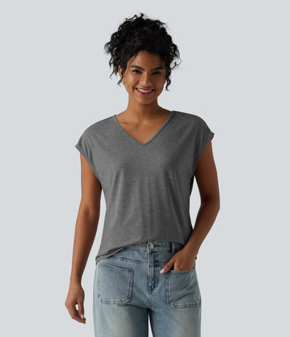 V Neck Short Sleeve Relaxed Heathered Casual T-Shirt