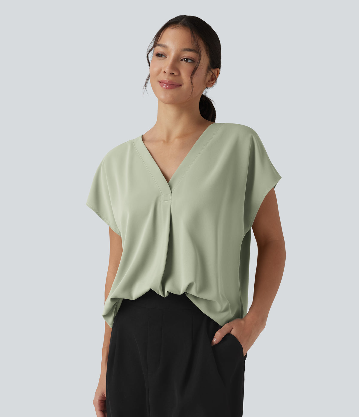Wrinkle Recovery V-neck Short Sleeve Oversized Work Blouse