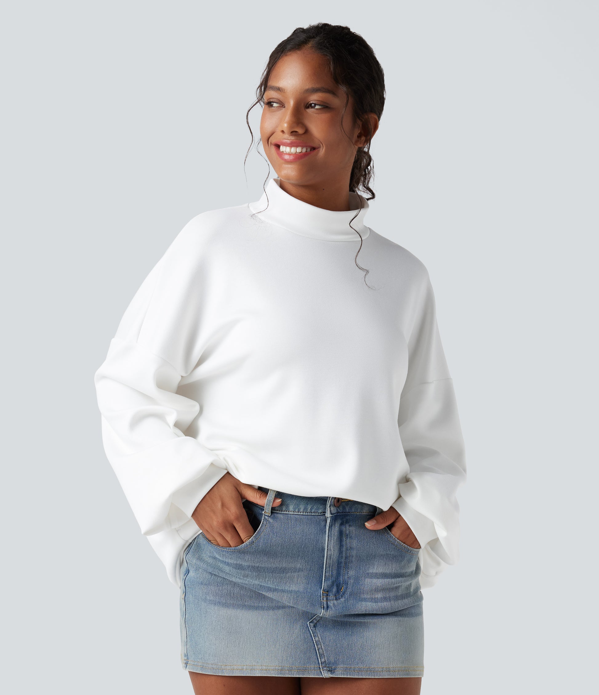 Mock-neck Relaxed Casual Sweatshirt with Pockets