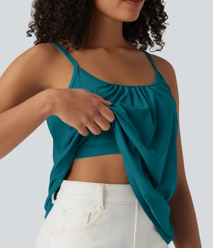 Adjustable Straps Ruched 2-in-1 Built-in Bra Casual Cami Top