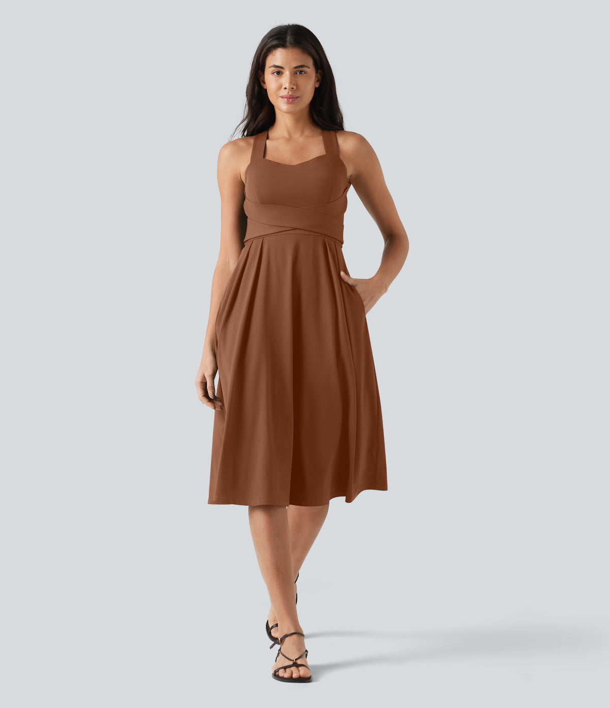 Sweetheart Neck Sleeveless Crisscross Tie-back Midi Casual Flowy Dress with Pockets